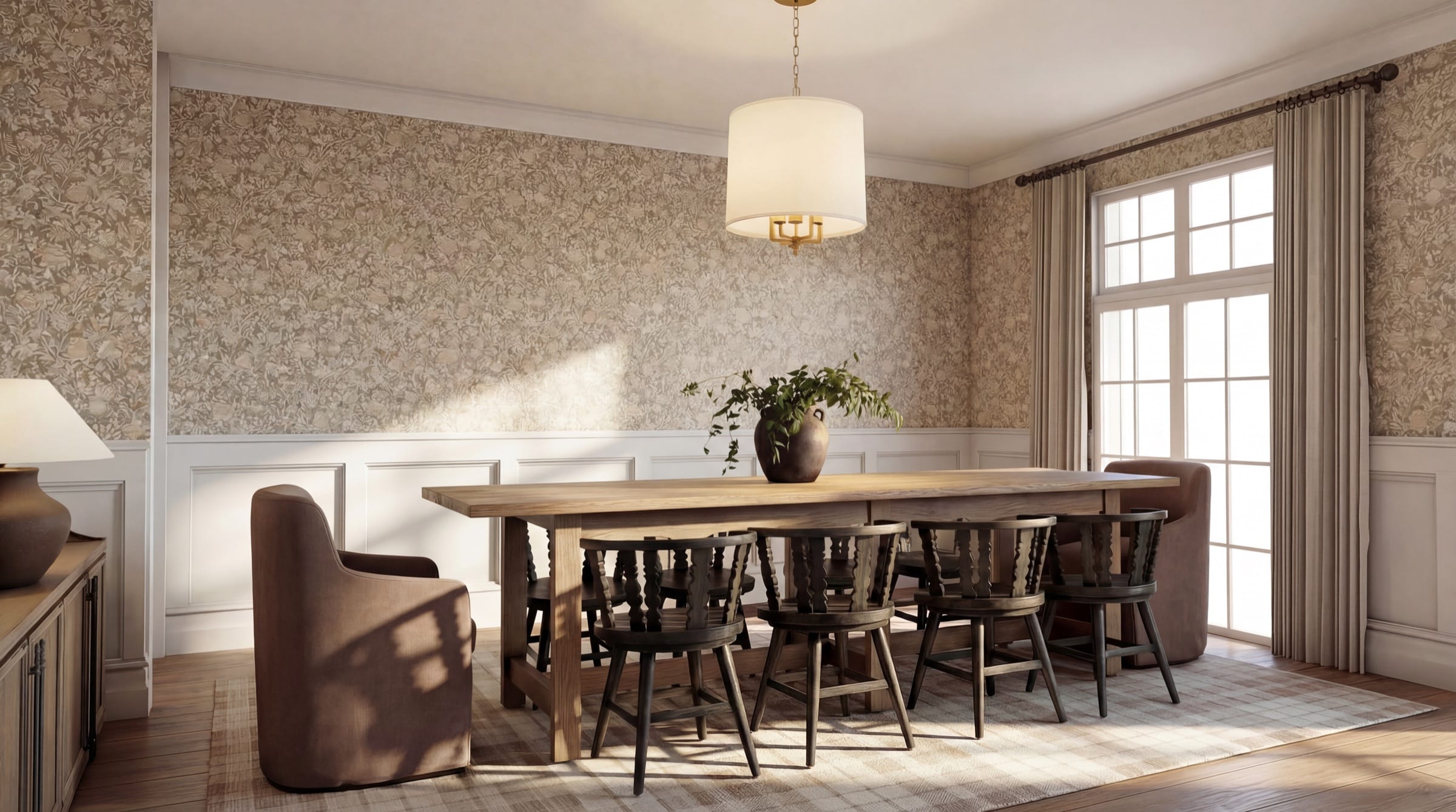Formal dining room with patterned wallcovering, wainscoting and a long oak table