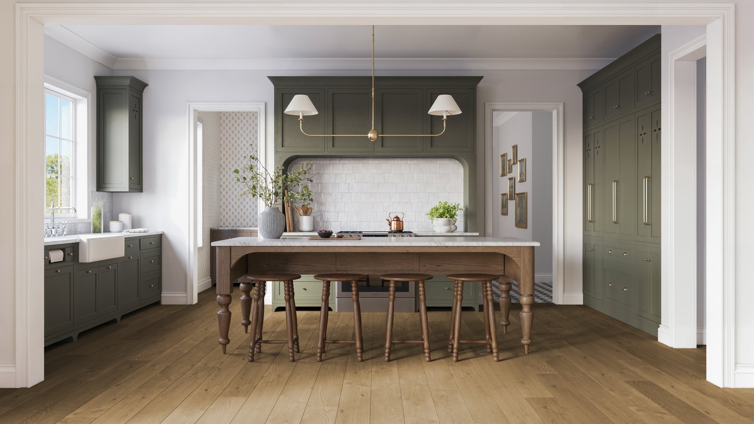 Kitchen at Stone Hollow Cottage with olive cabinetry, a farmhouse sink, brass fixtures and a furniture-style island