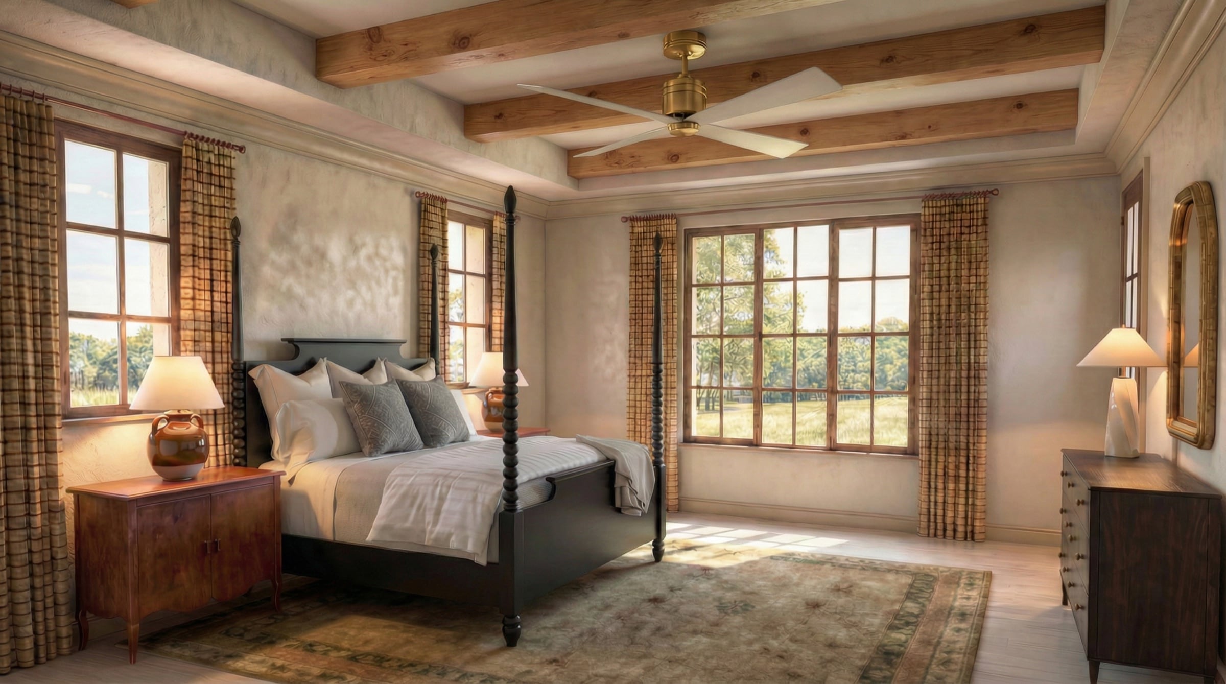 Primary bedroom at Stone Hollow Cottage with a beamed ceiling, four-poster bed and windows onto open pasture