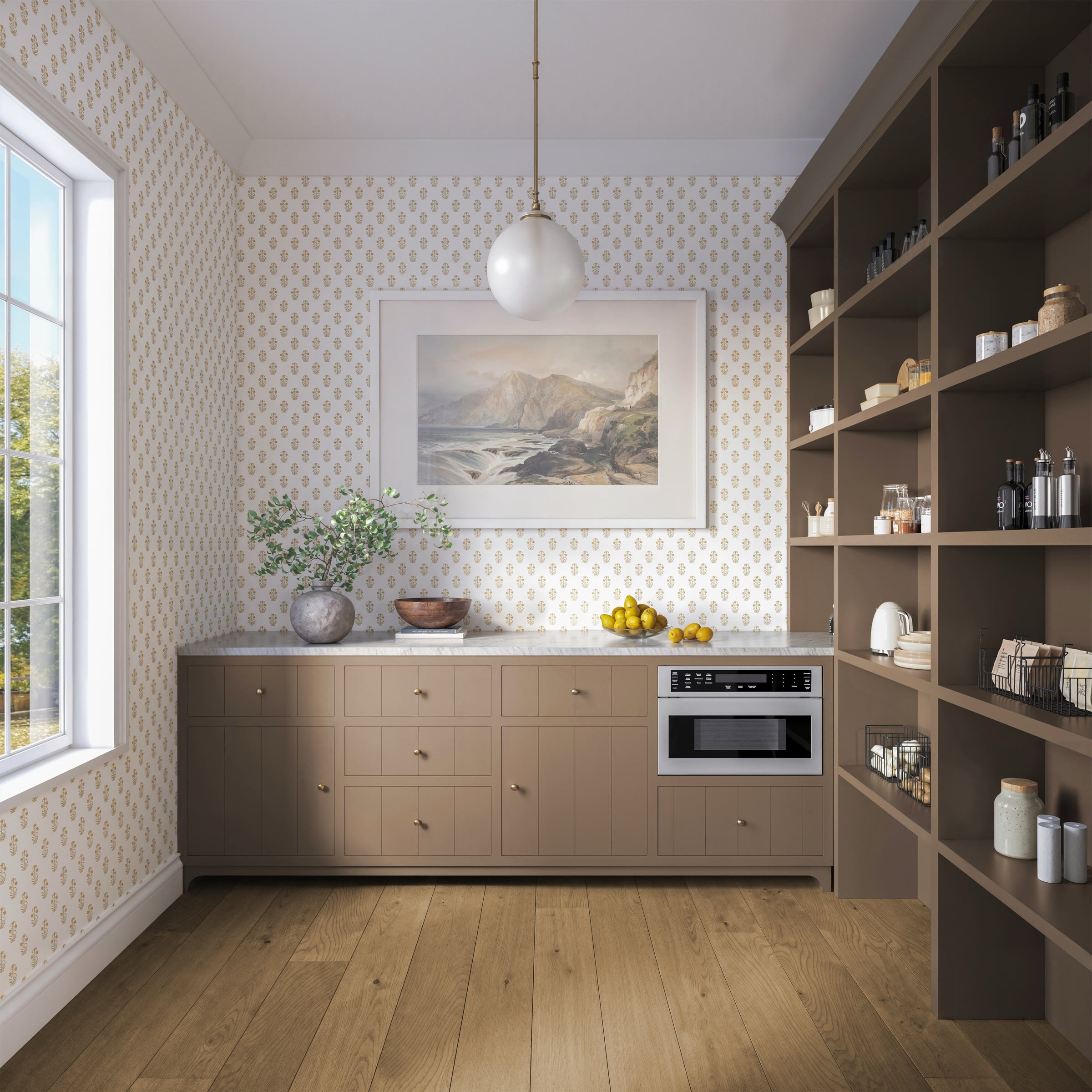 Walk-in pantry at Stone Hollow Cottage with open shelving, patterned wallcovering and a brass pendant